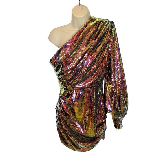 ALEX PERRY Jackson One-sleeve Sequined Satin Mini Dress In Pink NWOT - Size 6 US - Picture 1 of 11